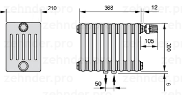 Схема (чертеж) Радиатор Zehnder Charleston 6030/8 №V008 Белый глянцевый RAL 9016